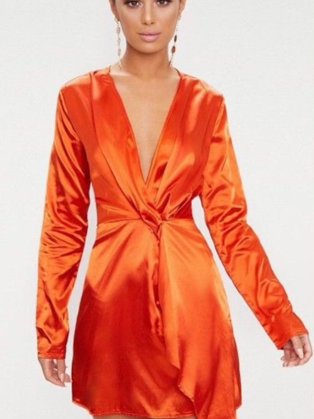 PrettyLittleThing Orange Satin V-Neck Mini Dress